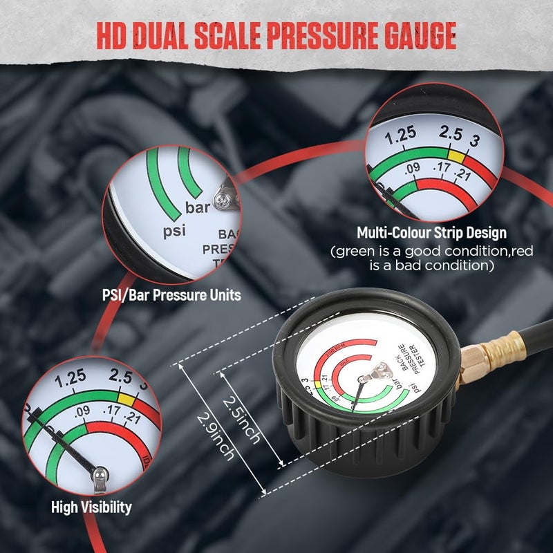 DUOYI Exhaust Back Pressure Tester Kit with Carrying Case,Professional Automotive Exhaust Back Pressure Gauge Kit with 6-Foot Hose,2.5" HD Gauge,M12 & M18 Adapter - Image 4